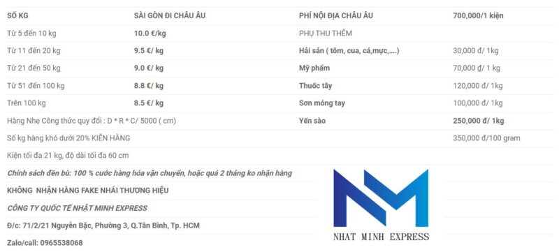 Bảng giá gửi thực phẩm chức năng đi Hà Lan