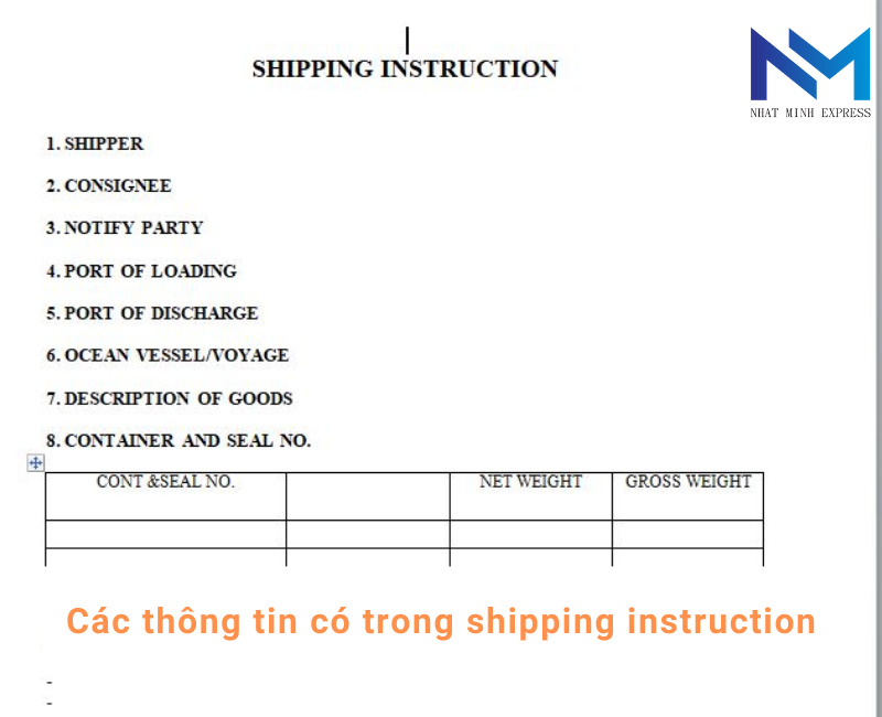 Các thông tin có trong shipping instruction