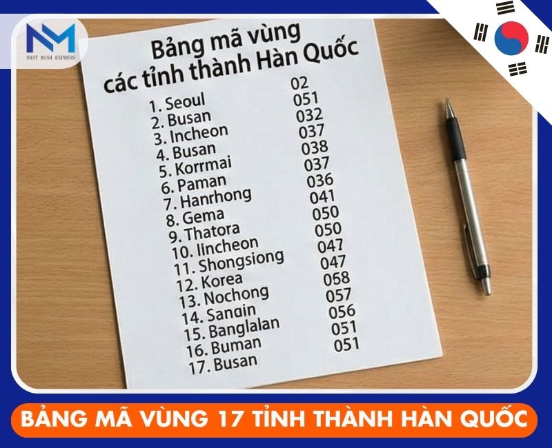 ma vung 17 tinh thanh o han quoc