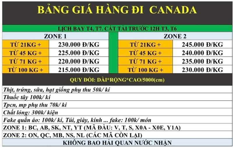 bang gia gui hang di canada danh cho hang nang