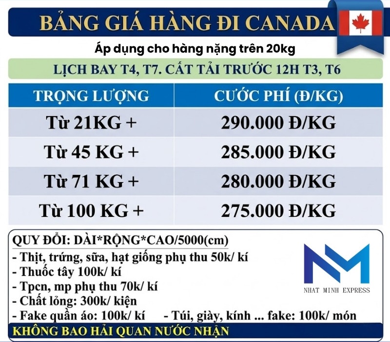 bang gia gui hang nang di canada