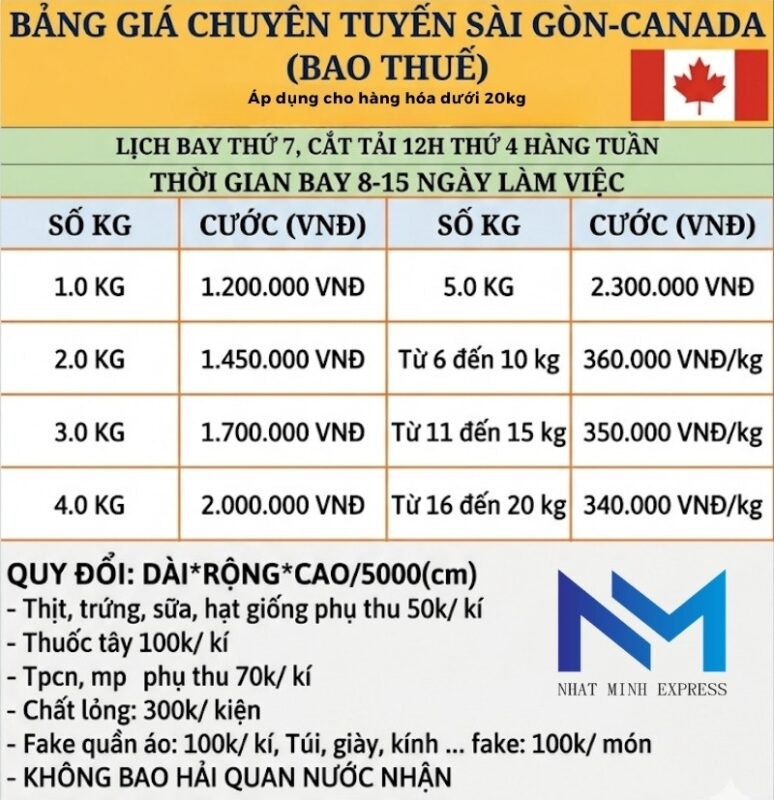 bang gia gui hang nhe di canada