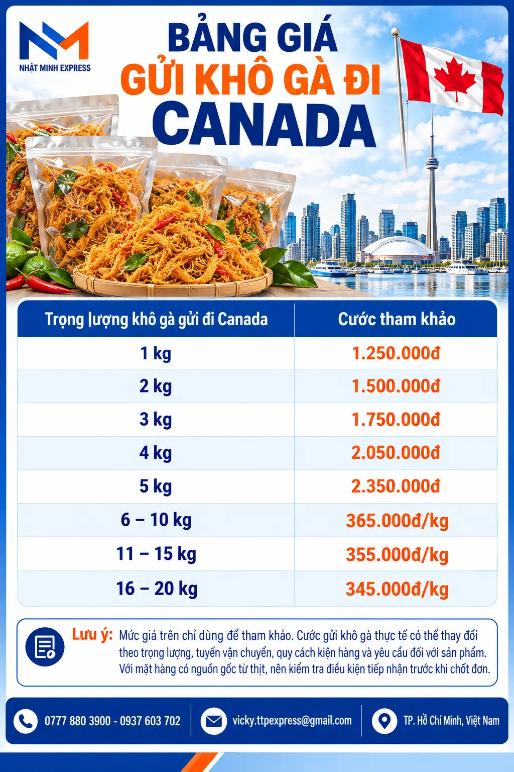 bảng giá gửi khô gà qua Canada